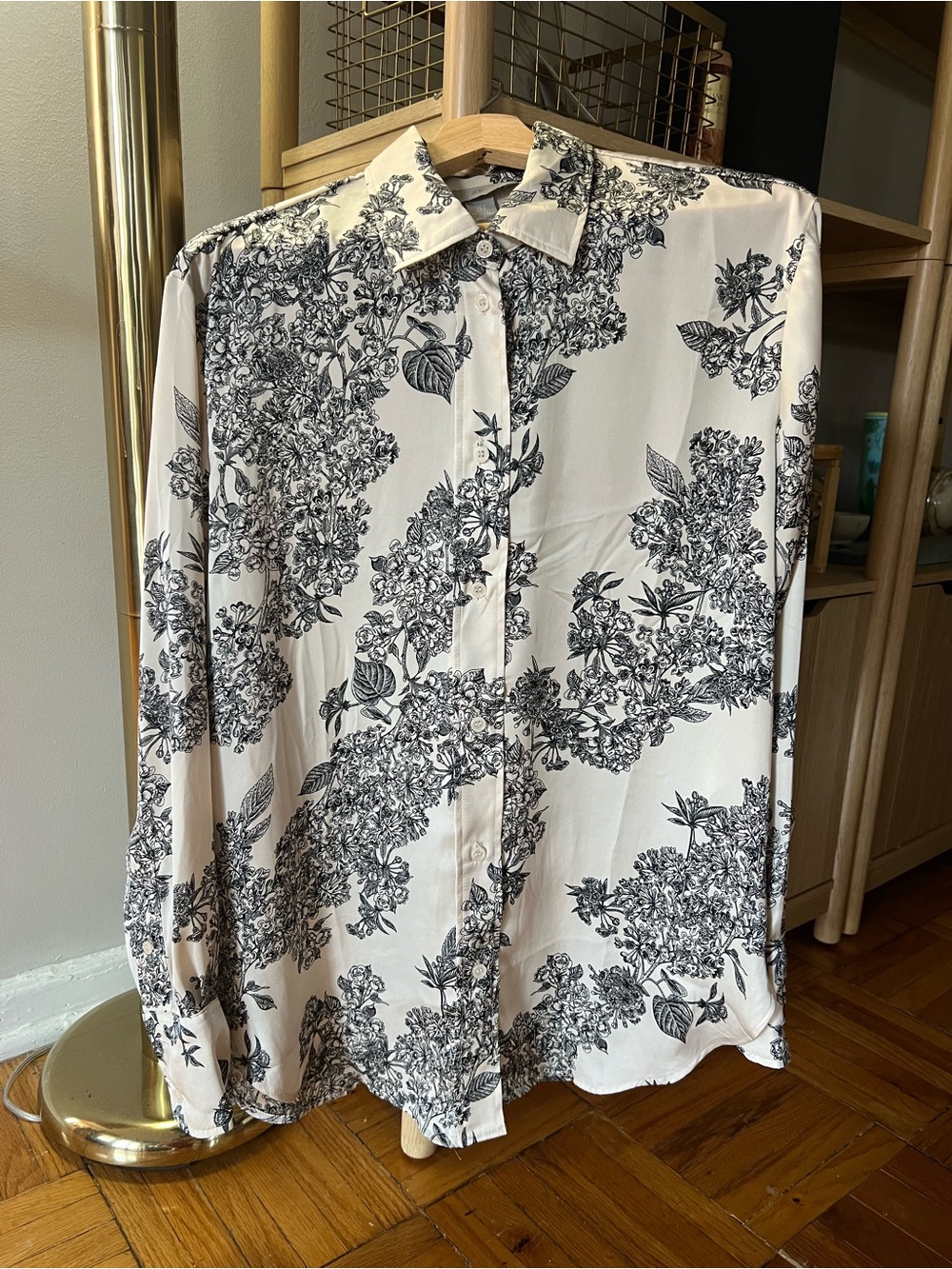H&M White Button-Down Shirt with Black Floral Print